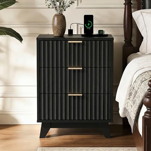 Image of VINGLI Black Fluted Nightstands Set of 2 with Charging Station,3 Drawer Black Wood Nightstand for Bedroom, Modern Night Stand with Drawers, Fluted Bedside Table /End Table /Side Table, 2 pcs