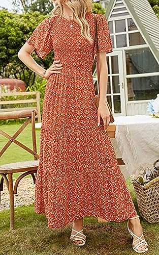 Image of PRETTYGARDEN Women's 2026 Summer Casual Flutter Short Sleeve Boho Floral Maxi Dress Crew Neck Smocked Tiered Long Dresses