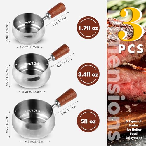 BangBoom 3 Pieces Stainless Steel Mini Sauce Pan with Wooden Handle & Spout, 1.7/3.4/5.1 Oz Silver Small Butter Warmer Saucepan, Reusable Sauce Pot Dipping Bowl (Silver)