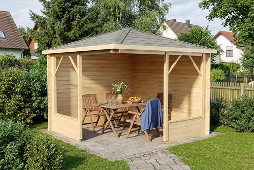 Alpholz 5-Eck Gartenlaube Maik-28 aus Massiv-Holz, Gartenhaus mit 28 mm Wandstärke, Garten Holzhaus inklusive Montagematerial, Geräteschuppen Größe: 300 x 300 cm, Spitzdach