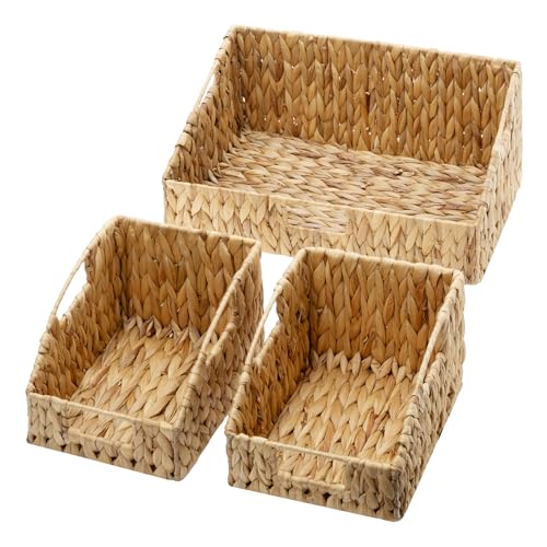 GRANNY SAYS Wicker Storage Basket, Wicker Basket with Handles, Trapezoid Woven Baskets for Shelves, Decorative Baskets for Home Decor, Water Hyacinth, 3 Pack