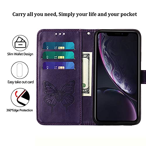 Compatible For Iphone Xr Wallet Case,[Card Holder Slots][Kickstand][Wrist Strap] Butterfly Floral Embossed Pu Leather Flip Protective Cover For Iphone Xr Cases Women (Purple) #TOP7