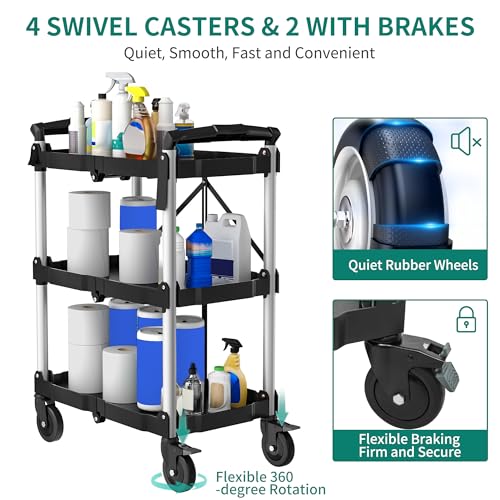 Image of YITAHOME 3-Tier Folding Utility Cart with Wheels (2 Brakes), 350lbs | Foldable Service Cart Collapsible Rolling Cart w / 360 Swivel Wheels, Portable Tool Cart for Home Garage Restaurant Office