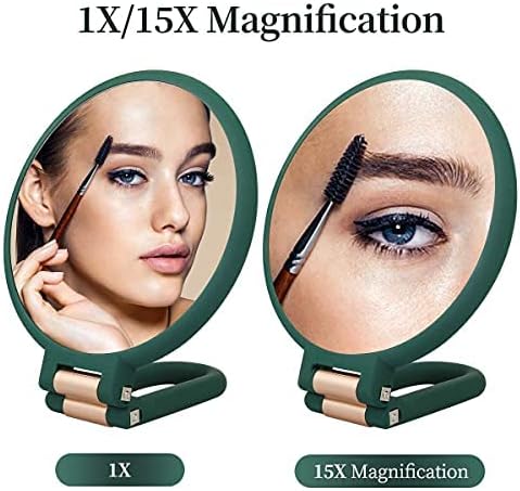 1X 15X Magnifying Hand Held Mirror,Double Side Folding Hand Mirror for Women with Adjustable Handle,Travel Table Desk Shaving Bathroom (Army Green)