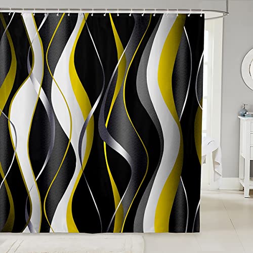 Loussiesd Yellow Grey Black Fabric Shower Curtains Geometric Spiral Pattern Shower Curtain for Boys Girls Abstract Art Bathroom Waterproof Accessories with 12 Hooks Modern Luxury Curtains,72x78 Inch