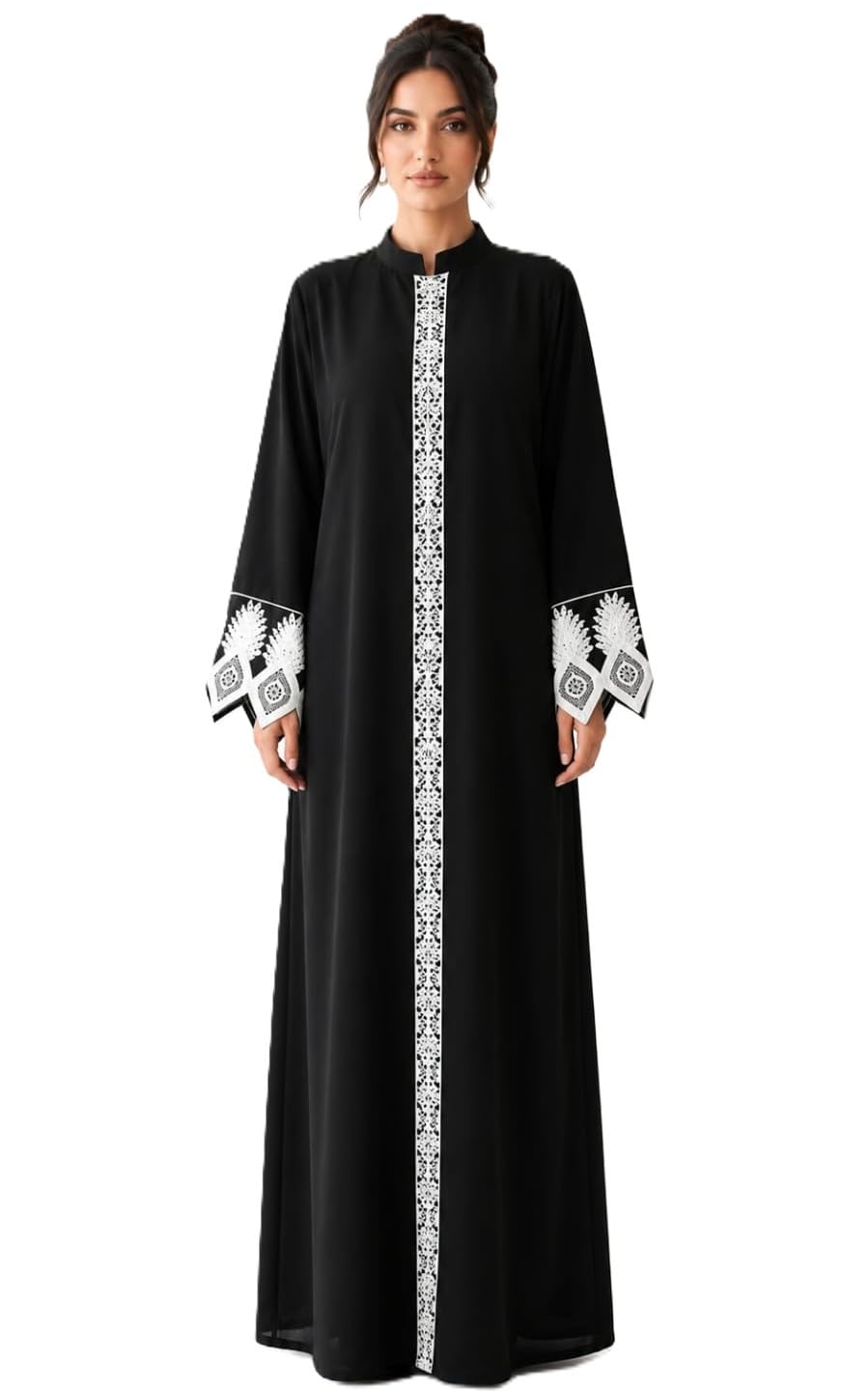 Women's Pure Cotton Solid Embroidered Free Size Full Length Abaya Dress Mandarin Collar Modest Islamic Wear Black5-picture-24