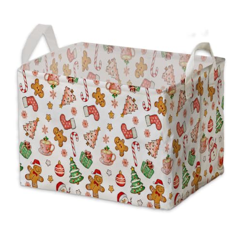 Image of Cute Christmas Gingerbread Storage Baskets, Candy & Christmas Tree Empty Gift Baskets, Winter Large Square Waterproof Canvas Laundry Hamper With PE Coating, Foldable Toy & Clothes Bins for Bedroom