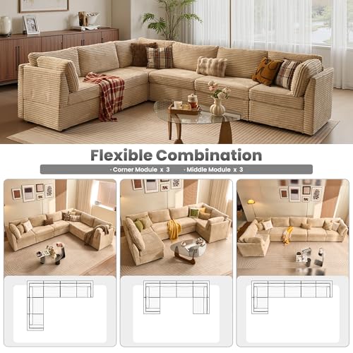 Image of ovios Modular Sectional Sofa Couch with V-Shape Chaise Convertible, Comfy Plush Corduroy Cloud Couches, Modern Luxury Deep Seat Sofas Set for Living Room, 6-Seater, Beige