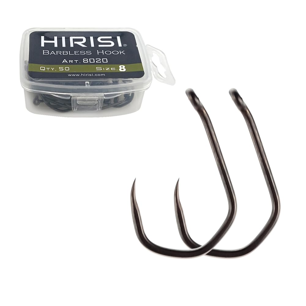 Pack of 50 PTFE Coated Stainless Steel with High Carbon Content, Barbless Fishing Hooks with Eyelet Fishing Accessories (FBA-8020-8)