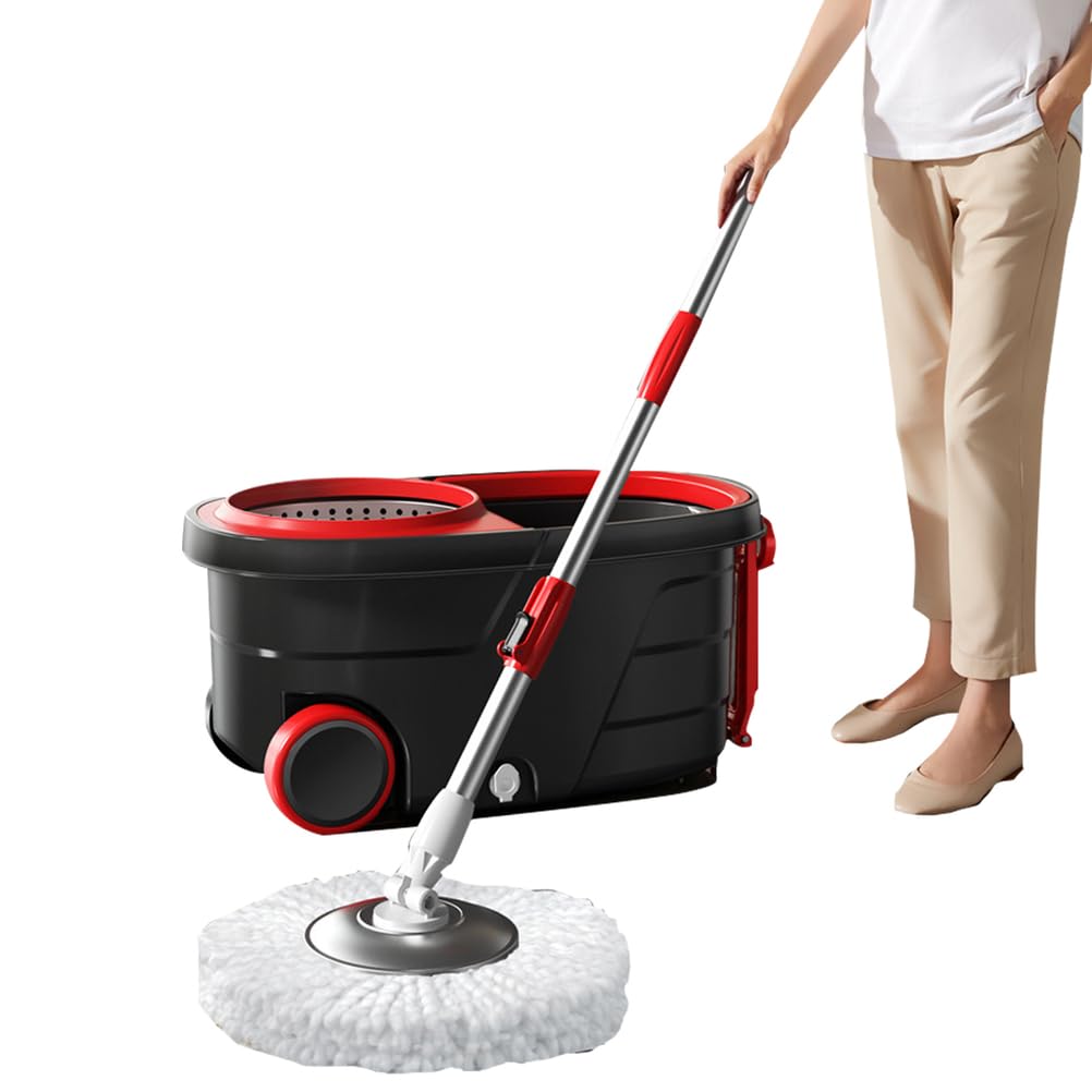 Juego de fregona giratoria y Cubo con escurridor sobre Ruedas, Sistema de Cubo con fregona giratoria de 360° con 2 Cabezales de Repuesto de Microfibra y Mango Ajustable de Acero