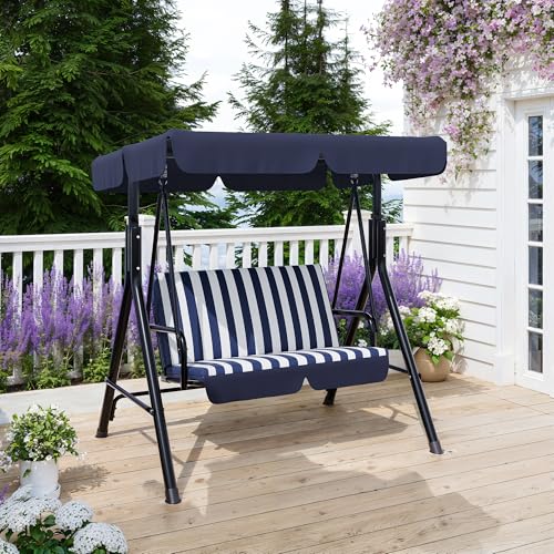 Image of Garvee Outdoor Porch Swing with Adjustable Canopy, 3-Seat Patio Swing Chair with Stand, Heavy Duty Outdoor Swing for Adults, Metal Frame Patio Swing for Garden, Backyard & Poolside,Striped Blue