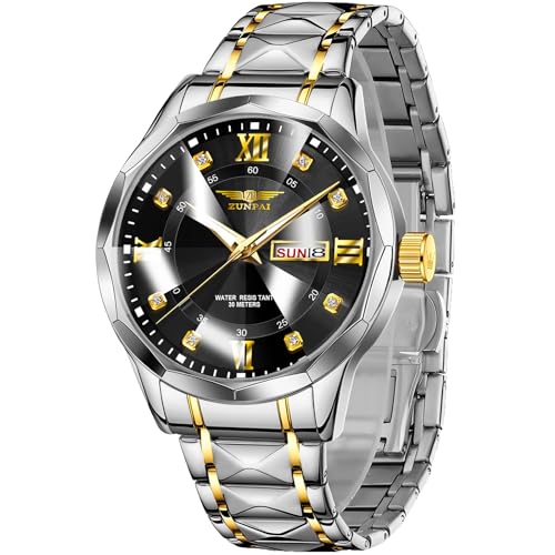 senstone Watches for Men, Luxury Classic Business Dress Quartz Watch Stainless Steel Strap Analog Waterproof with Luminous Large Dial Calendar Mens Watch (Black-Gold)