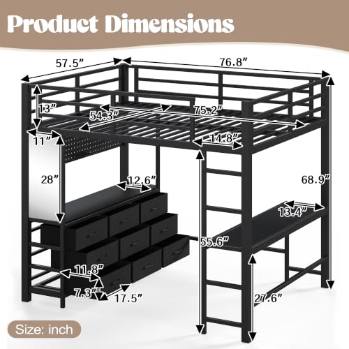 Image of Bellemave Metal Full Loft Bed Frame with Desk, Storage Drawers,USB,Mirror for Adults, Kids, Teens, Black