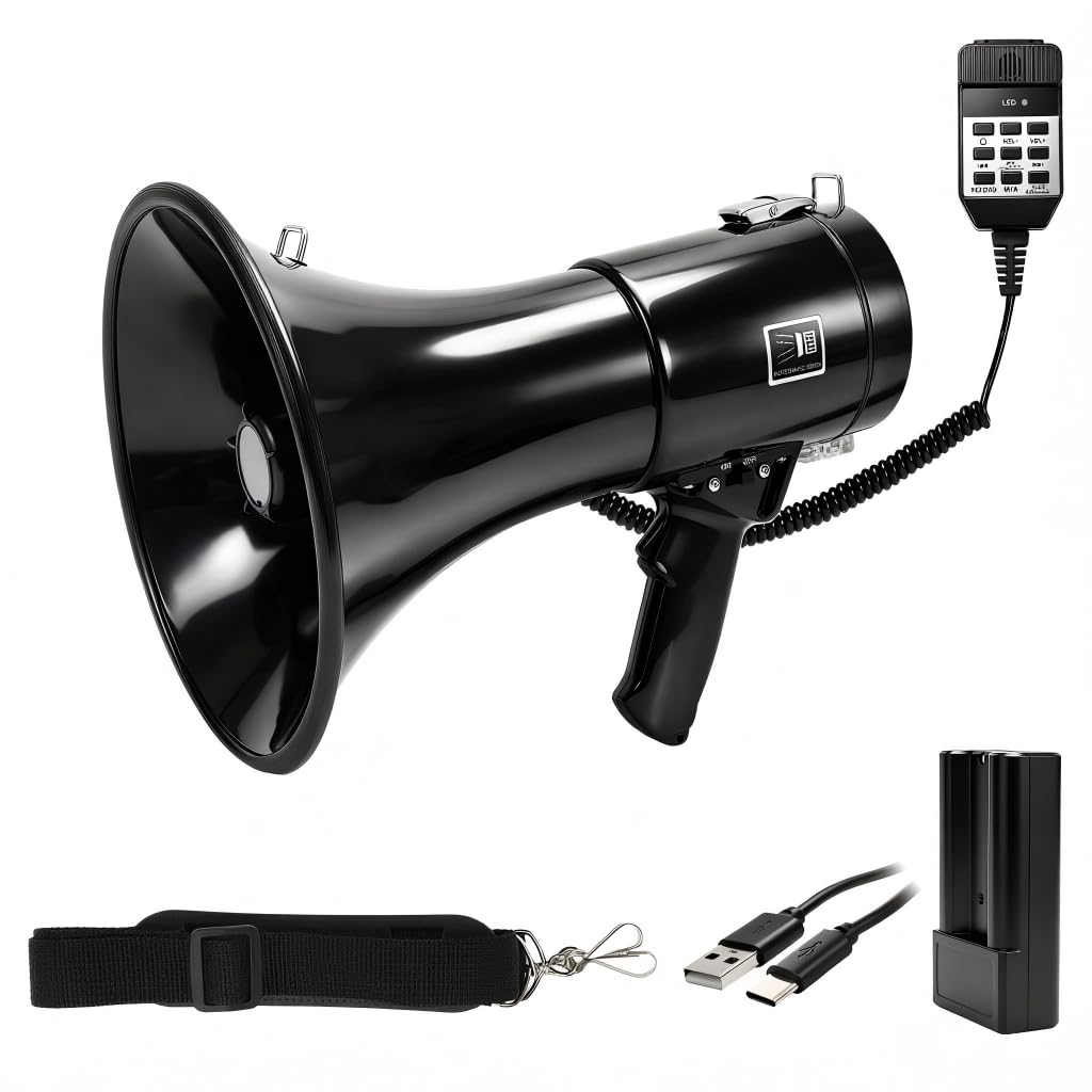 Roadtime Megáfono Portátil 150W con Sirena, Batería 4800 mAh | 700 s de Grabación, USB/TF/AUX 3,5 mm, Bluetooth, Alcance 2000 m, para Deportes y Actividades al Aire Libre