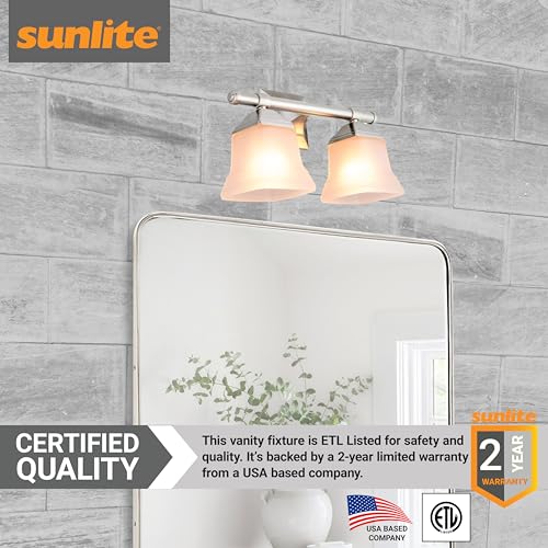 Image of Sunlite 46062 14 inch Modern Square Bell Vanity Wall Mount Light Fixture, Medium Base (E26) Socket, Standard A19 Bulb Required (100W Max), Frosted Glass Shade, ETL Listed, 2 Light Brushed Nickel Finish