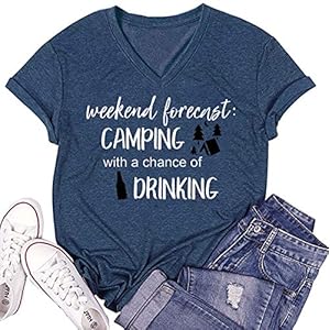 Camping-Shirts-for-Women-Happy-Camping-Tshirt-Cute-Graphic-Short-Sleeve-Funny-Letter-Print-Tee-Tops Weekend Forecast Camping Shirts Women Happy Camping Tshirt Funny Letter Graphic Print Tee Shirts V Neck Casual Top Blouse (Blue,XL)