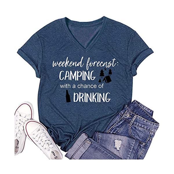 Camping-Shirts-for-Women-Happy-Camping-Tshirt-Cute-Graphic-Short-Sleeve-Funny-Letter-Print-Tee-Tops Weekend Forecast Camping Shirts Women Happy Camping Tshirt Funny Letter Graphic Print Tee Shirts V Neck Casual Top Blouse (Blue,XL)