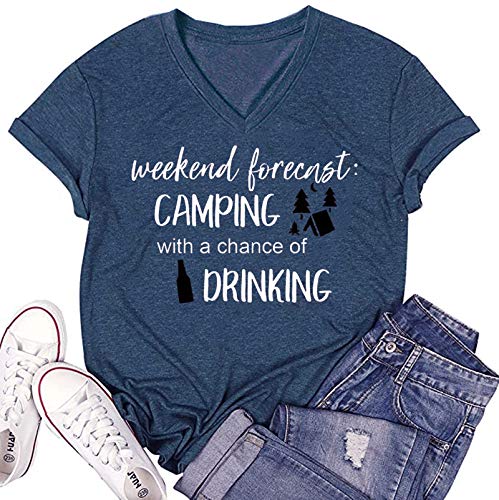 Camiseta de manga corta con diseño de letras y texto en inglés'Weekend Forecast Camping with a...