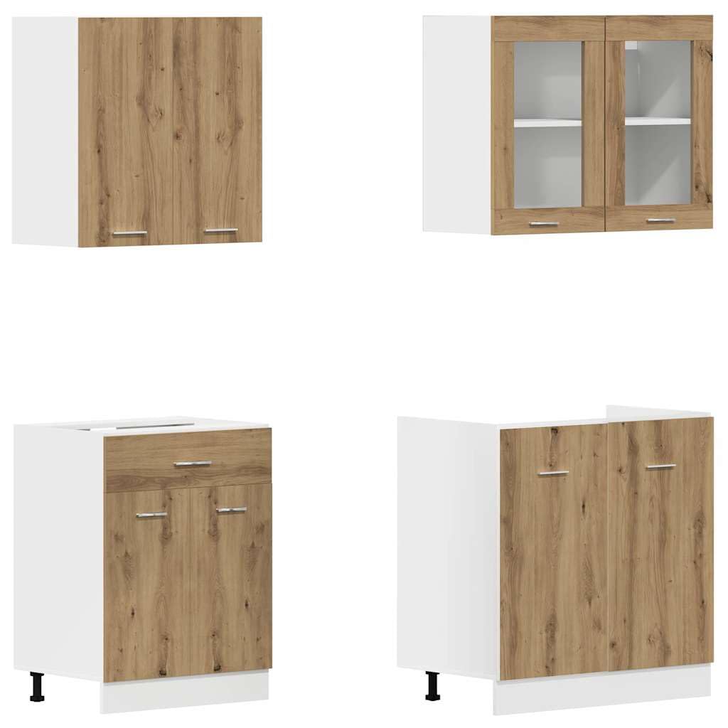 4-TLG. Küchenschrank-Set Lyon Artisan-Eiche Holzwerkstoff Einbauküche Küchenblock Hängeschrank Spülenunterschrank Schubunterschrank Hängeglasschrank