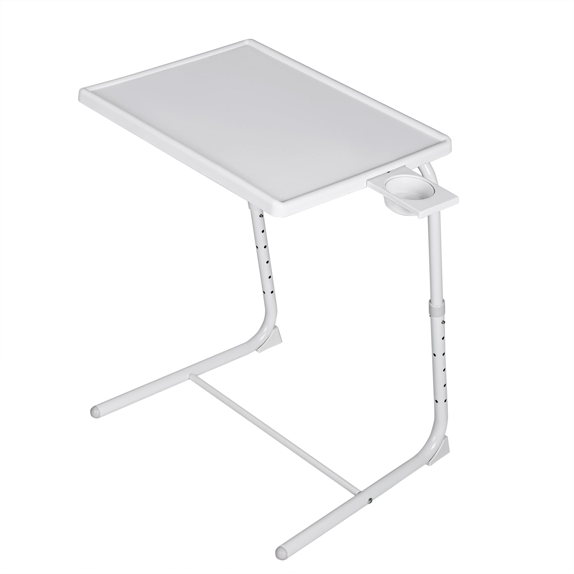 T-LOVENDO.ES Mesa Plegable Auxiliar pequeña portátil con Altura Ajustable Comedor. Ideal Escritorio Ordenador Sofa Cama o Cocina. con Posavasos. 3 ángulos, 6 Alturas. Blanca.