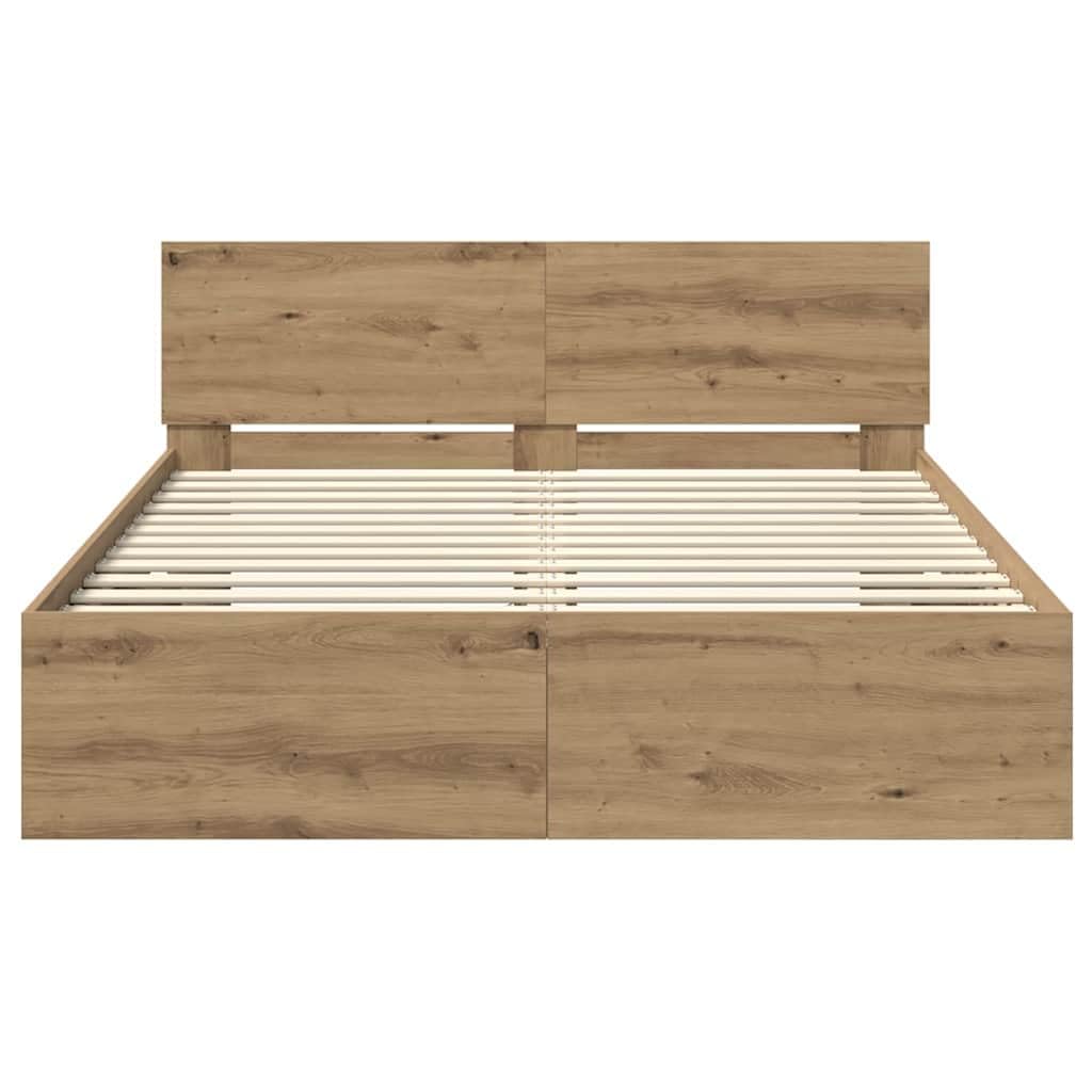 Brokky Cama 135x190 con cabecero y Luces LED Estructura Cama de Madera Cama Matrimonio con somier y Base Cama Juvenil-Roble artisan-135 x 190 cm