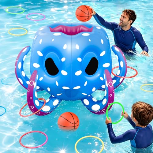 Bloolilies Octopus Pool Toys for Kids Ages 4-8 8-12 2-in-1 Inflatable Pool Floats Basketball Hoop & Ring Toss Swimming Pool Games Summer Outdoor Water Games Beach Party Gift for Boys Girls Family