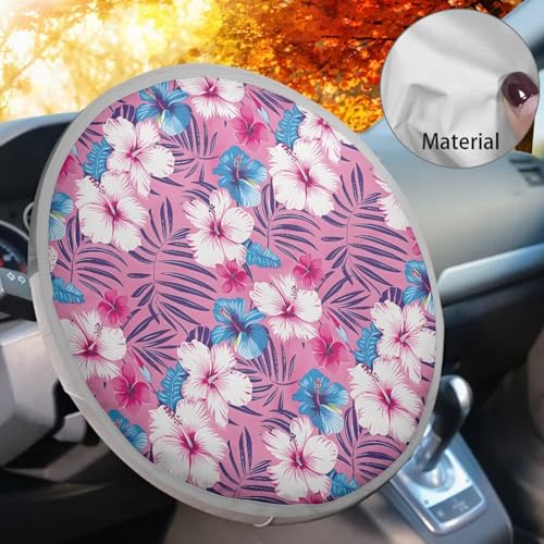 Image of Pink Hibiscus Steering Wheel Cover Sunshade Car Interior Accessories for Sun Heat Steering Wheel Cover Protector Reflect UV Sun and Heat Universal Steering Wheel Shield
