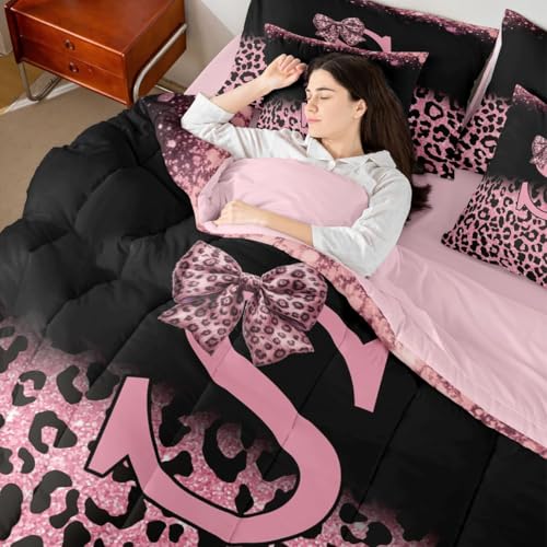 Image of Feelyou Bow Initial Letter S Comforter Set Queen Size 7 Pieces Glitter Leopard Print Bedding Set Kids Boys Girls Girly Bow Bed in a Bag with Comforter, Sheets, Pillowcases, Cushion Covers Room Decor