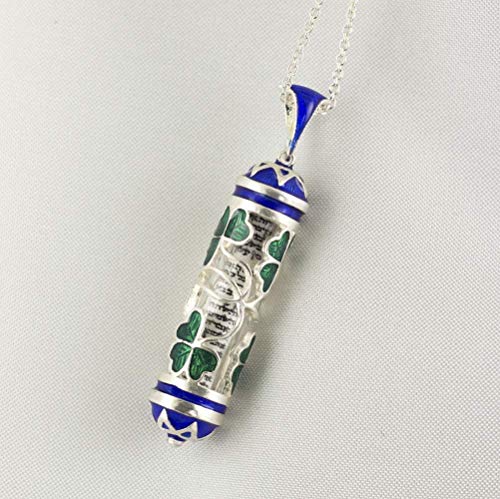 925 Sterling Silver Mezuzah Necklace Irish Clover with Blue Stars of David Hebrew Scroll Inside Enamel Jewish Jewelry Judaica Pendant - Image 6
