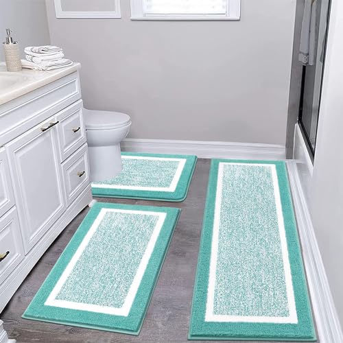 Pauwer 3-Piece Bathroom Shower Rug Set - U-Shaped Toilet Mat, Absorbent Microfiber Plush Bath Mats with Non-Slip Back, Machine Washable Shaggy Bathroom Floor Mats, Teal
