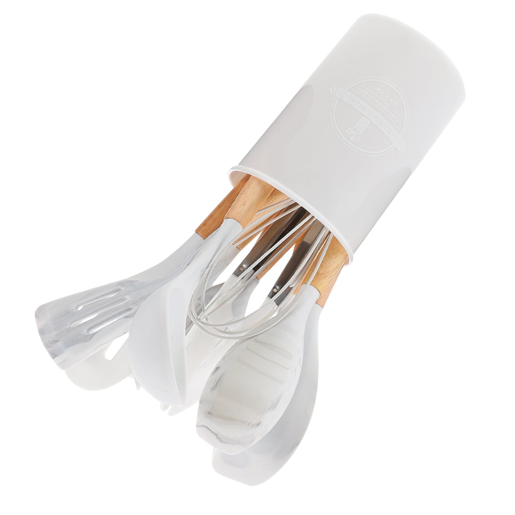 12pezzi Utensili Da Cucina Silicone Contenitore Strumenti Antiaderenti e Manici Legno Ergonomici Per Cucinare Comodità e Stile
