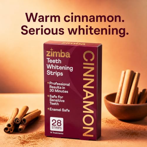 Image of Zimba Cinnamon Flavored Teeth Whitening Strips | Vegan, Enamel Safe Hydrogen Peroxide Teeth Whitener for Coffee, Wine, Tobacco, and Other Stains | 14 Day Treatment | Cinnamon