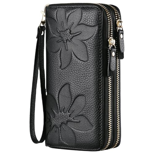 Wallets for Women Wristlet RFID Blocking Genuine Leather Double Zipper Credit Card Holder Large Ladies Clutch Purse
