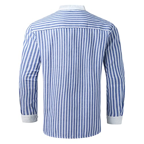 Men's Simple Fashion Loose Shirt Stand Collar Basic Stand-Up Collar Long-Sleeved Shirt Striped Casual Beach Shirts3