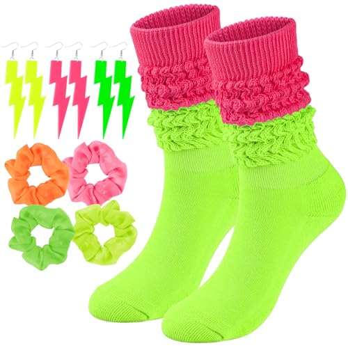 TRIITECH Neon Slouch Socks for Women 80s 90s Scrunch Knee High Socks