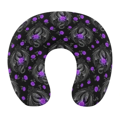 Image of Pain Relief Travel Neck Pillow Cool Dragon Purple Floral Rose Black, Memory Foam U Shaped Support, Breathable Zip Cover for Airplane Car Office Men Women