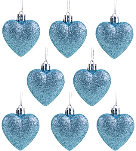 8 x 60mm Ice Blue Glitter Heart Shaped Christmas Tree Ornaments