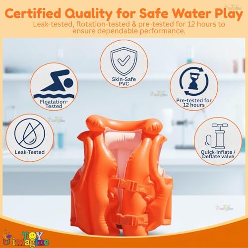 Image of Kids Inflatable Swim Vest 2-8 Years for Boys & Girls | Adjustable Swimming Jacket with Safety Buckles | Lightweight Pool Training Float Jacket for Children (Orange, Middium)