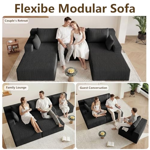 Image of 107 inch Modular Sectional Sleeper Sofa, Boneless Cloud Couch for Living Room, U Shaped 3 Seat Sofa with Deep Seat, Free Combination, Couch in a Box, No Assembly Required (Black)