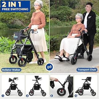 Foldable Rollator Walker for Seniors with Seat, Lightweight 2 in 1 Rolling Walkers Wheelchair Combo for Adult, Transport Chair with Brakes, Adjustable Seat and Handle, 300 Lb. Weight Capacity, Grey