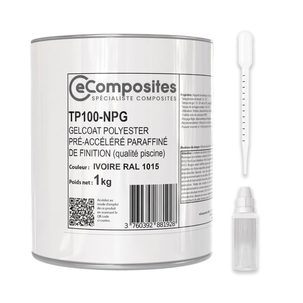 Gelcoat Polyester Piscine | 1 kg | Ivoire RAL 1015 | + Catalyseur PMEC + Pipette de dosage 3 ml, Gel Coat pour Rénovation et Finition Bassin Polyester