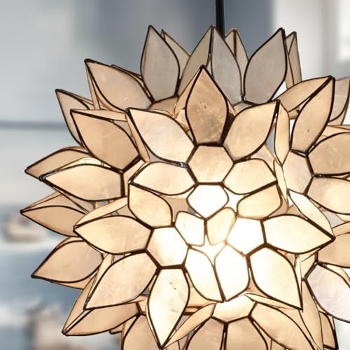 Modern Home Nautical White Capiz Shell Lotus Ceiling Pendant Light - 10" Diameter - Nautical Beach Seaside Home Decor Hanging Light Fixture - Image 5