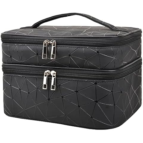 MKPCW makeup bag Double-layer cosmetic bag with brush bag and divider (Black+ three dividers) Cover