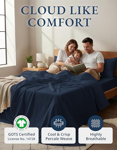 Image of LANE LINEN 100% Organic Cotton California King Bed Sheets, 4-Piece Pure Percale Sheets Soft Breathable Cotton Bed Sheets, Deep Cal King Sheets for Thick Mattress - Navy