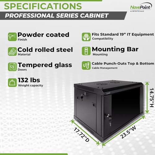 Image of NavePoint 6U Server Rack Enclosure - 17.7 inch Deep, Wall Mount Network Cabinet with Locking Glass Door for 19 inch IT Equipment, Network Rack with 2 Fans, Removable Side Panels, Black