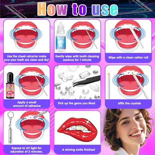 Vautvis 10 pcs Zahn Edelstein Set DIY Zahn Edelstein Kit Zahnstein Schmuck Zahnschmuck set Mit Kleber Für Zähne Teeth Gems Kit