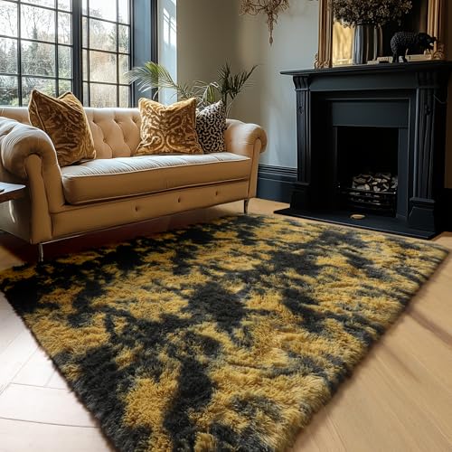 Amdrebio Black Gold Yellow Grey Rugs for Bedroom Living Room Decor, Fluffy Furry Fuzzy Shaggy Area Rug 4x6 for Kids Room Dorm Home Office, Modern Cool Leopard Cheetah Shag Carpet for Teen Boys Men