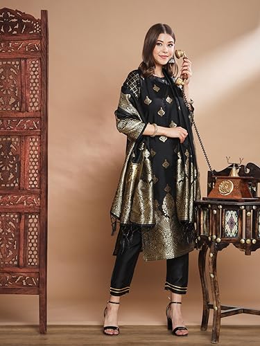 Image of VredeVogel Women's Cotton Silk Jacquard, Banarasi Silk Kurta Pant With Dupatta Set