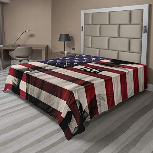 Ambesonne Soccer Flat Sheet, Composite Double Exposure Image of a Soccer Player and American Flag USA Run, Soft Comfortable Top Sheet Decorative Bedding 1 Piece, California King, Beige Blue Red
