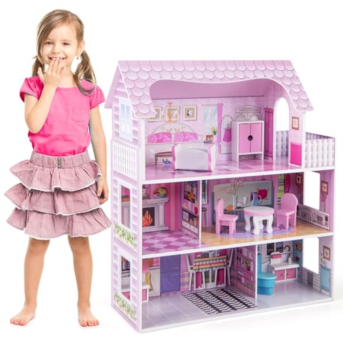 COSTWAY Casa de Muñecas de Madera, Casa Muñecas de 3 Niveles con Accesorios para Niños y Niñas Más de 3 Años, Juego de Roles Infantil, Casita de Muñecas de Ensueño, 61 x 26,5 x 71 cm, Rosa